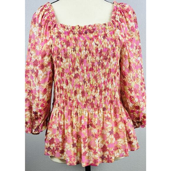 Nanette Lepore Blouse Top Womens L Pink Multi Floral Smocked Peasant Cocquette - Picture 1 of 7